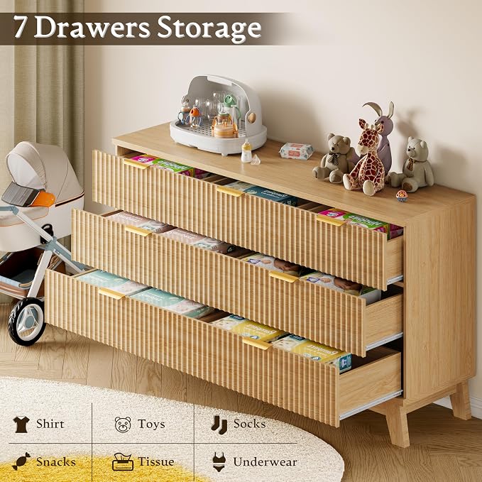 BORNOON Fluted 7 Drawer Dresser, 47.2" Wide Modern Boho Chest of Drawers, Wooden Storage Dresser TV Stand for Bedroom, Living Room, Closet, Hallway, Curved Profile Design