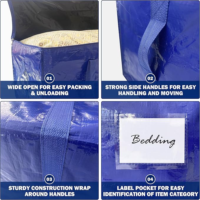 4 Pack Extra Heavy Duty Large Moving Bags with Strong Zipper & Carrying Handles, Sturdy Clothes Storage Bag Totes Bins, Packing Bags Moving Boxes College Moving Supplies, Dark Blue - 40 gal