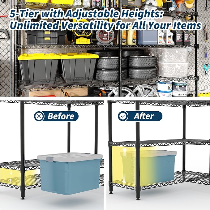 71"W Metal Storage Shelves 5-Tier, Heavy Duty 1325LBS Wire Rack Shelving Unit, Adjustable Black Standing Shelves for Garage Kitchen Pantry Commercial Storage, H or L-shaped Shelf,15.7"D x 70.5"H