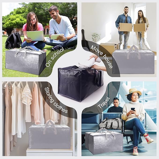 VELVETSURE 12 Pack Heavy Duty Extra Large Moving Bags W/Backpack Straps - Strong Handles & Zippers, Storage Totes For Space Saving, Fold Flat, Alternative to Moving Box and Storage Bin, Silver
