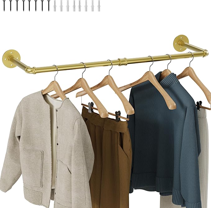 Wall Mounted Clothes Rack, Industrial Pipe Clothing Rack 28 Inch Gold, Wall Clothes Hanger for Bedroom, Cloakroom, Closet, Hallway, Boutique Display, Drying Racks Wall-Mount for Laundry