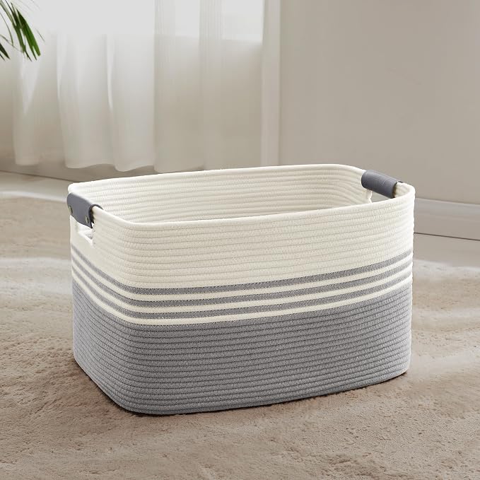 72L Large Woven Laundry Basket Hamper with Leather Handles,Grey | 22"x17"x12", collapsible wicker hamper, storage for dirty clothes, toys, blankets, gifts, living room, bedroom, bathroom