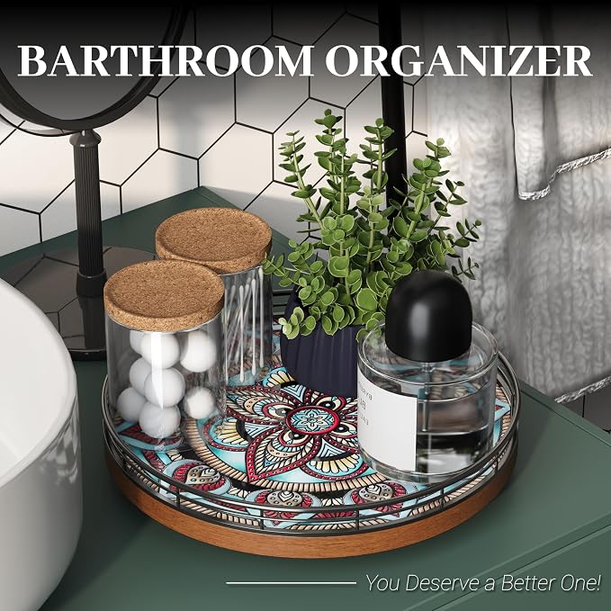 10.2-Inch Boho Lazy Susan with Oak Base and 3D Textured Ceramic Tile | Rotating tray with raised boho ceramic texture, oak base and walnut finish for dining tables, counters and coffee bars.