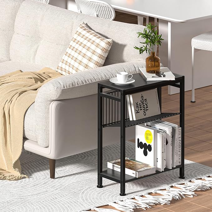 Side Table for Small Spaces, Narrow End Table with Adjustable V-Shaped Magazine Rack, 7.1"D x 17"W x 21.7"H, Black