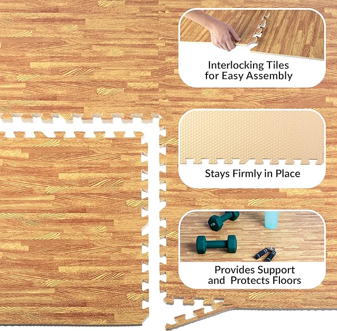 Foam Floor Tiles - 96sqft Wood Grain Interlocking Foam Tiles with Border - Foam Play Mat Playroom or Gym Flooring for Home Gym by Stalwart (Light)