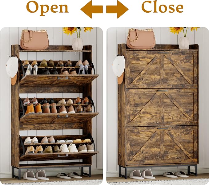 Wodeer Shoe Cabinet Storage for Entryway, Shoe Storage Cabinet with 3 Flip Drawers, Freestanding Narrow Shoe Rack Organizer with Metal Legs & Side Hook for Foyer, Hallway, Brown