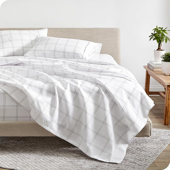 Bare Home King Sheet Set - Luxury 1800 Ultra- Soft Double Brushed Microfiber - Deep Pockets - Easy Fit - 4 Piece Bedding Sheet Set (King, Modern Plaid - White/Grey)