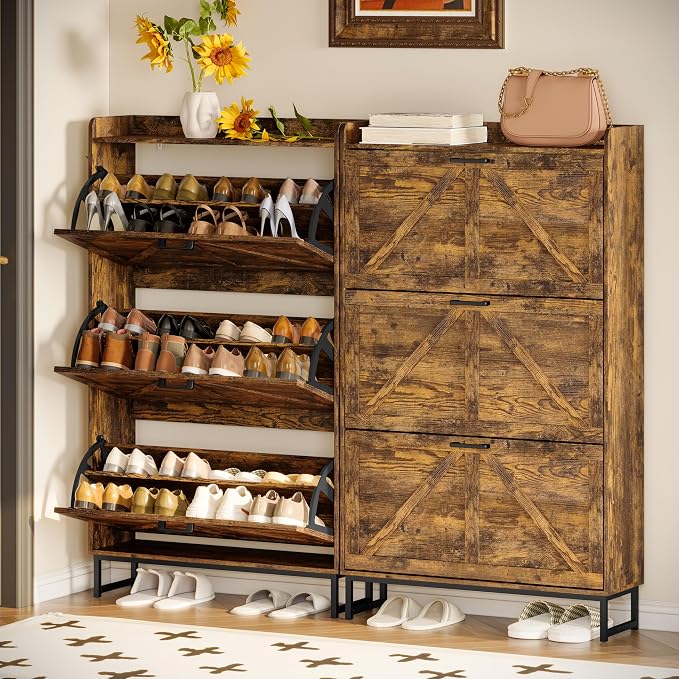 Wodeer Shoe Cabinet Storage for Entryway, Shoe Storage Cabinet with 3 Flip Drawers, Freestanding Narrow Shoe Rack Organizer with Metal Legs & Side Hook for Foyer, Hallway, Brown