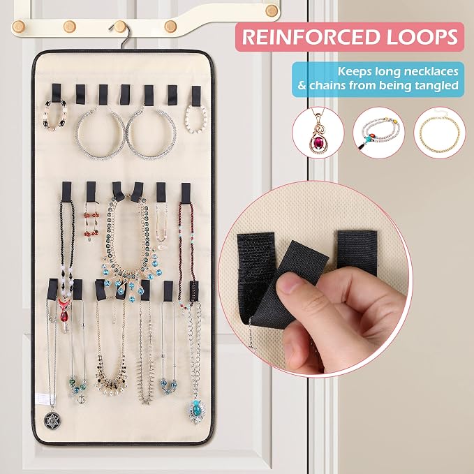 MISSLO Dual-sided Hanging Jewelry Organizer with 40 Pockets and 20 Hook & Loops Closet Necklace Holder for Earring Bracelet Ring Chain with Rotating Hanger, Beige