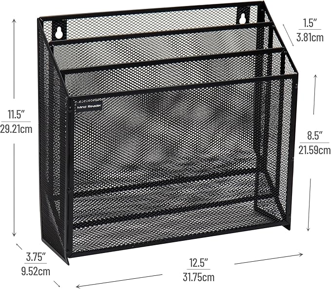 Mind Reader Vertical File Storage, Desktop Organizer, Wall Mount, Office, Metal Mesh, Black