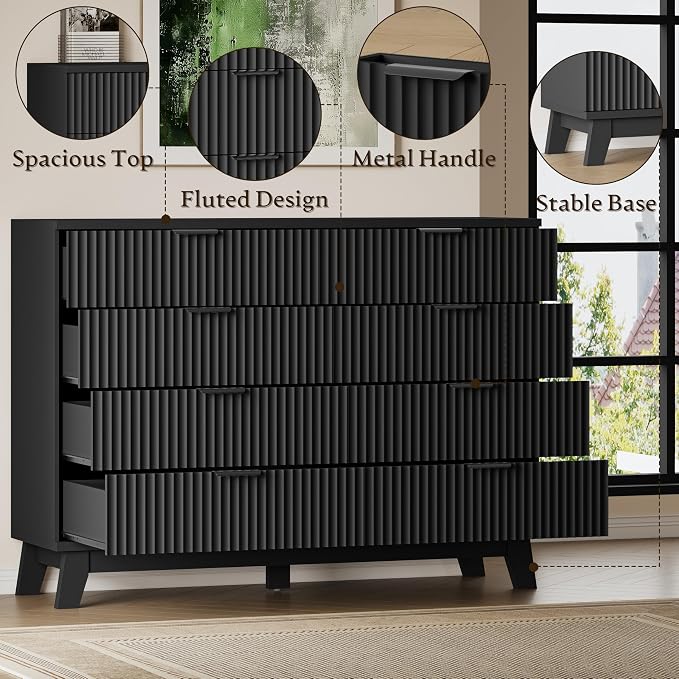 BORNOON 53" Wide Dresser for Bedroom, 8-Drawer Fluted Chest of Drawers, Modern Wood Highboy with Metal Slides and Handles, Anti-Tip Kit, Vertical Clothes Storage Organizer for Apartment, Closet