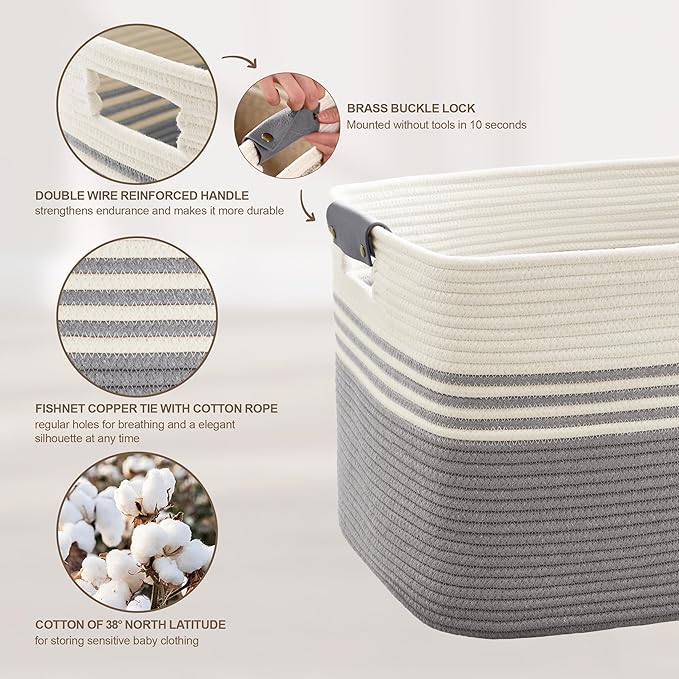 100L Large Woven Laundry Basket Hamper with Leather Handles,Grey | 24"x16"x16", collapsible wicker hamper, storage for dirty clothes, toys, blankets, gifts, living room, bedroom, bathroom