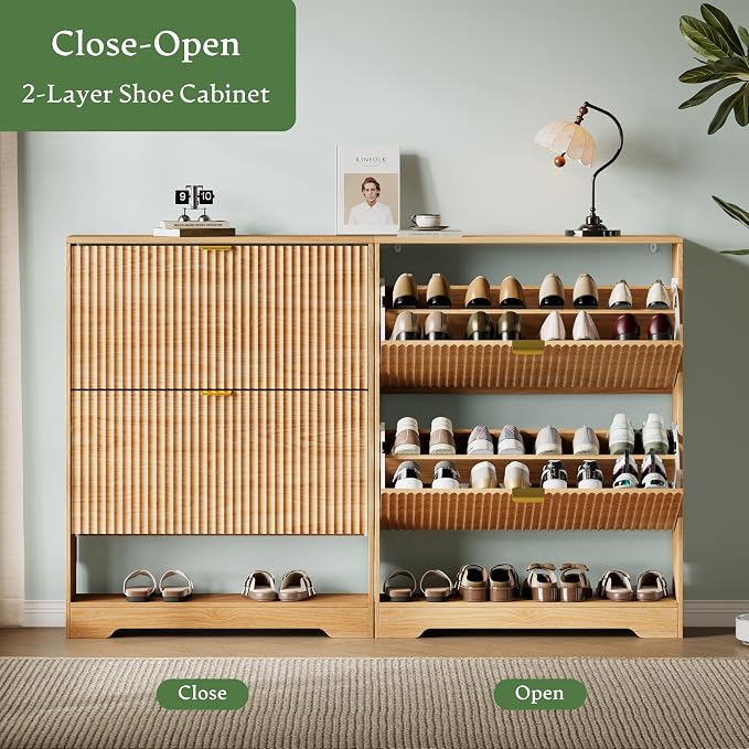 Xixini Shoe Storage Cabinet for Entryway with 2 Flip Drawers, Hidden Slim Wood Shoe Organizer with Modern Fluted Panel, Freestanding Narrow Shoe Rack for Front Door Entrance, Hallway, Foyer, Oak