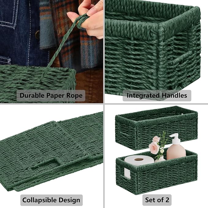 Vagusicc Wicker Storage Basket, Set of 2 Hand Woven Wicker Baskets for Organizing with Handles, Decorative Small Storage Bins for Countertop Toilet Paper Basket for Toilet Tank Top Shelves, Green