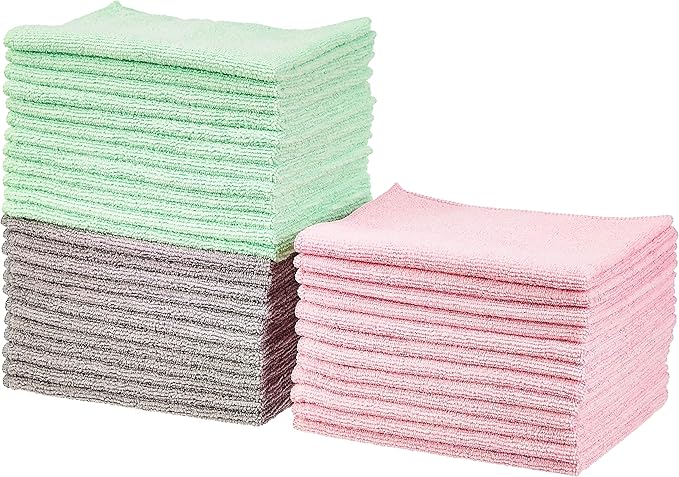 Amazon Basics Microfiber Cleaning Cloths, Ultra Absorbent, Scratch Free, Non-Abrasive, Reusable and Washable, All-Purpose, Car Detailing, 16" x 12", Green/Gray/Pink, 36-Pack