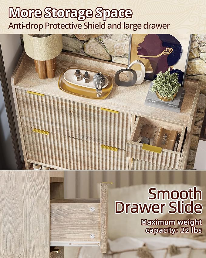 TIQLAB Modern Fluted Shoe Storage Cabinet with 2 Flip Drawers & Sliding Door, Wide Freestanding Shoe Organizer for Entryway, Hallway, 42 inch, Natural Oak