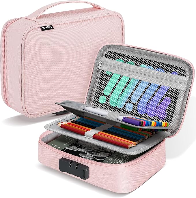 Zannaki Large Capacity Pencil Pouch Case with Lock, Pen Marker Stationery Bag Art Supply Storage Organizer Box for Bullet Journal Middle High School College Student Teen Girl Boy Women Adult, Pink
