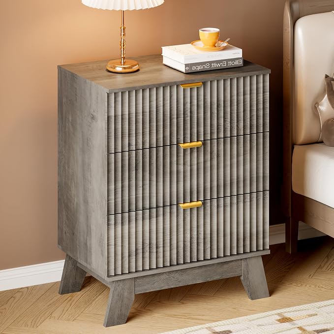 BORNOON Fluted 3 Drawer Dresser, 30.3" Tall Compact Modern Boho Chest of Drawers, Wooden Storage Cabinet for Bedroom, Living Room, Entryway, Curved Profile Design