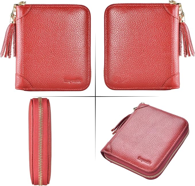 Easyoulife Womens Credit Card Holder Wallet Zip Leather Card Case RFID Blocking (Red)