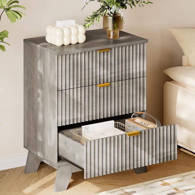 BORNOON 30.5" Nightstand with Charging Station, 3-Drawer Fluted Bedroom Chest, Wood Bedside Dresser with Power Outlets and USB Ports, Metal Slides, Stable Base, Modern Storage Cabinet for Small Spaces