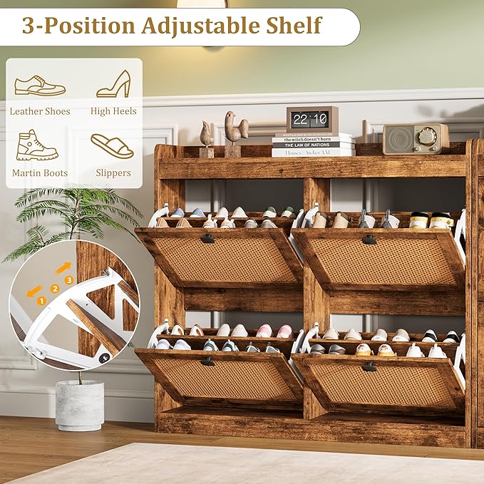 Garvee Shoe Storage Cabinet with 4 Deep Flip Drawers, Wood Shoe Cabinet with Rattan Doors and Adjustable Shelves- Freestanding Shoe Organizer for Entryway, Hallway (Brown, 4 Drawers- 2PCS)