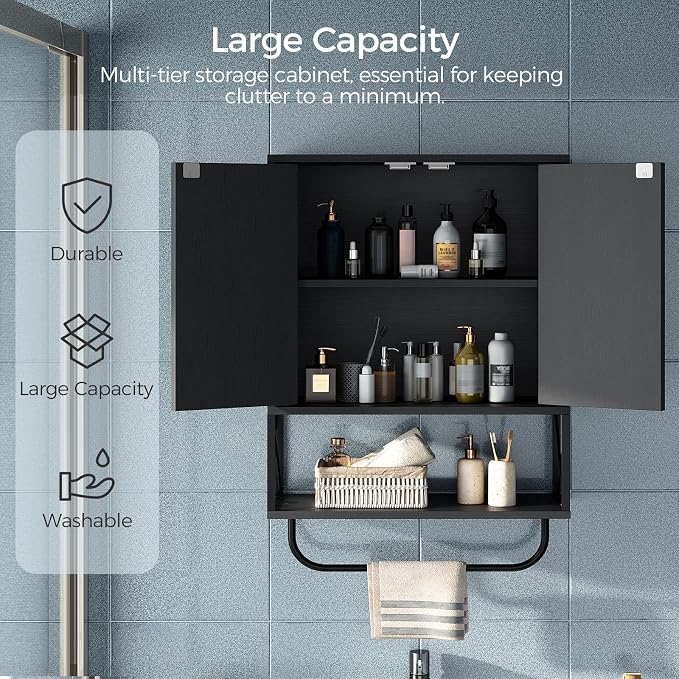 MAHANCRIS Bathroom Wall Cabinet with 2 Door and Adjustable Shelf, Farmhouse Medicine Cabinet with Towel Rack, 3-Tier Wall Mounted Storage Cabinet Over The Toilet for Bathroom, 18.9" L, Black