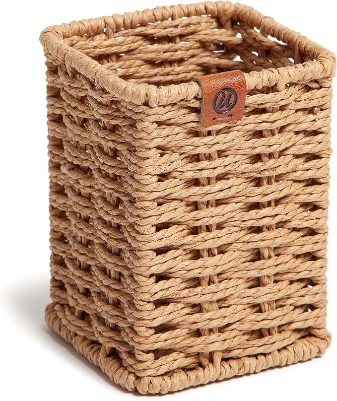 U Brands Woven Pencil Cup, Rattan-Inspired Wicker Style Office Organization Supplies, Natural Wood, 1 Count