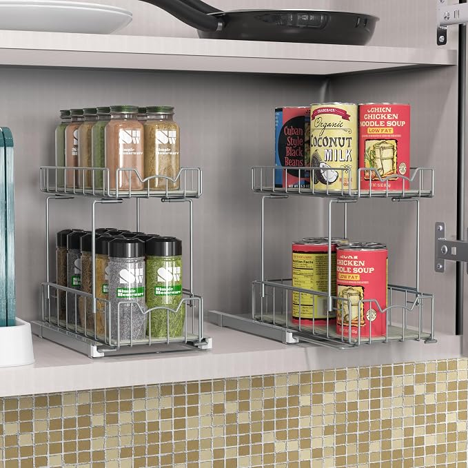 Simple Houseware 2-Tier Spice Rack Slide Out Wire Basket Drawer, Silver | 2-Tier Spice Rack Slide Out Wire Basket Drawer Organizer