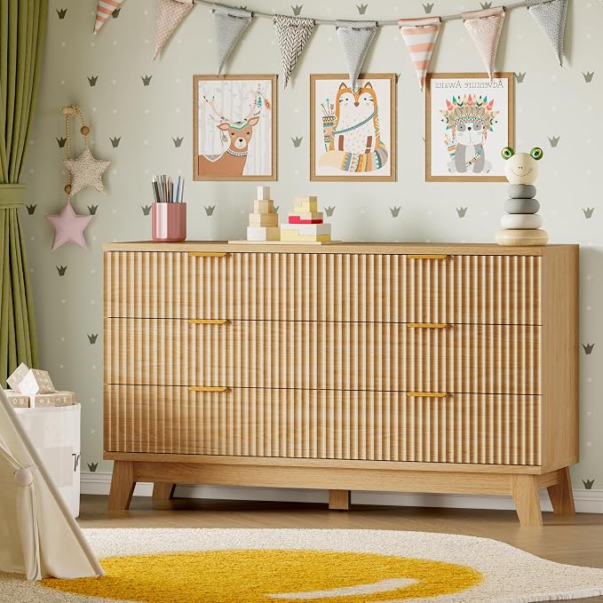 BORNOON 53" Long Dresser for Bedroom, 6-Drawer Dresser with Fluted Fronts, Wide Wood Chest of Drawers, Smooth Metal Slides, Stable Base, Modern Clothes Storage Cabinet for Living Room, Hallway