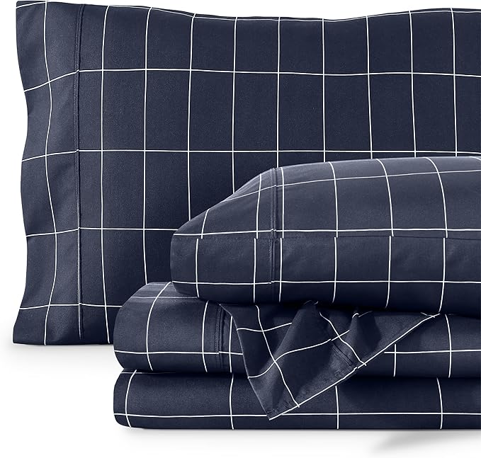 Bare Home Queen Sheet Set - Luxury 1800 Ultra-Soft Microfiber Bed Sheets - Double Brushed - Deep Pockets - Easy Fit - 4 Piece Set - Bedding Sheets & Pillowcases (Queen, Grid - Midnight/White)