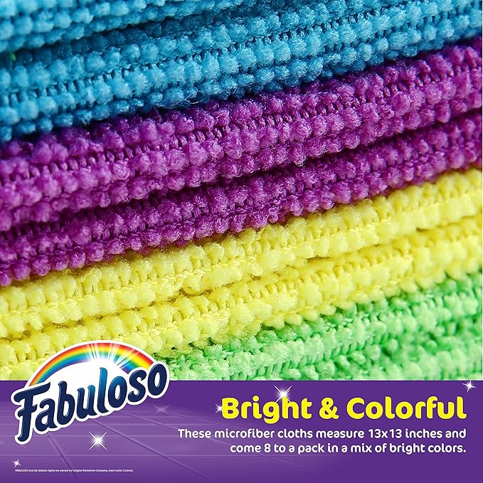 Fabuloso Microfiber Cleaning Cloths for Home & Car, Lint-Free Scratch-Free Rags for Glass, Kitchen & Wood, Reusable Machine Washable, Absorbent for Dusting & Wiping, Rainbow, 13 x 13 in, 8 Count