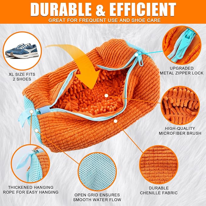 Shoe Washing Machine Bag, 2 Pack Shoe Laundry Bags for Washer and Dryer, Reusable Sneaker Wash Bag with Self-Locking Zipper, 360° Deep Cleaning, Protects Shoes and Washer(Orange)