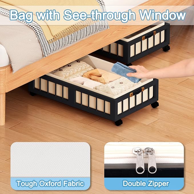 efluky 2-Pack Bamboo Under Bed Storage Containers with Wheels, Under Bed Clothes Storage Basket with Large Dust Bag, Rolling UnderBed Storage for Bedroom, Dorm and Basement, Black, (60 x 42 CM