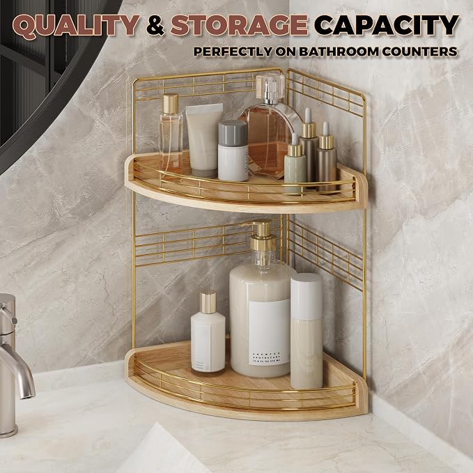 Bathroom Countertop Corner Organizer for Small Spaces, 2-Tier Counter Shelf | Oak Wood & Iron Counter Shelf for Sink & Vanity Corners, Skincare, Toiletries, Space-Saving, Compact Vertical Storage Natural