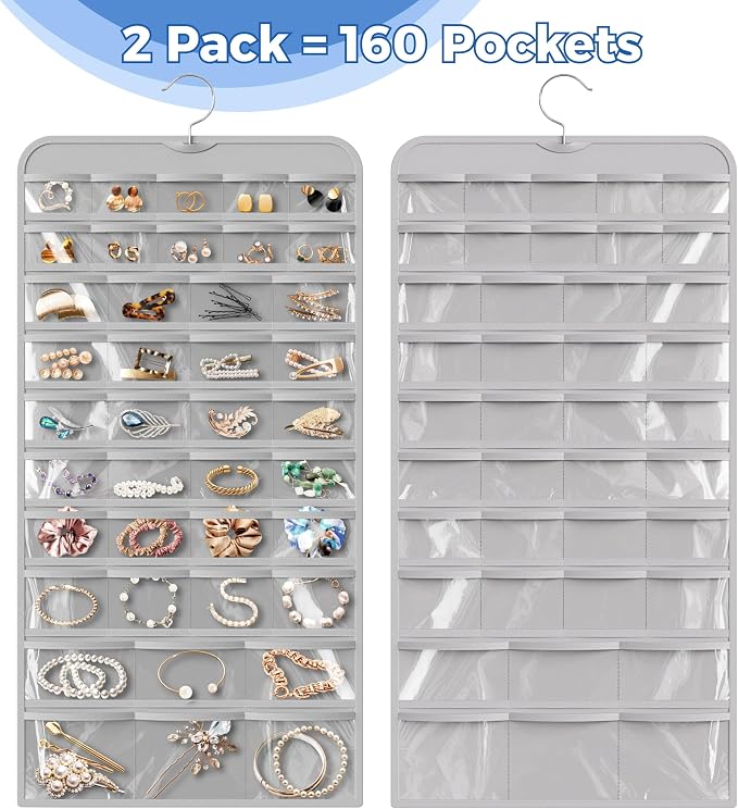 Simple Houseware 80-Pocket Hanging Jewelry Organizer with 5 Sizes, 2 Pack | for All Types of Accessories, Gray