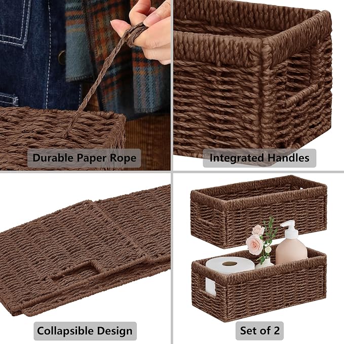 Vagusicc Wicker Storage Basket, Set of 2 Hand Woven Wicker Baskets for Organizing with Handles, Decorative Small Storage Bins for Countertop Toilet Paper Basket for Toilet Tank Top, Shelves, Brown