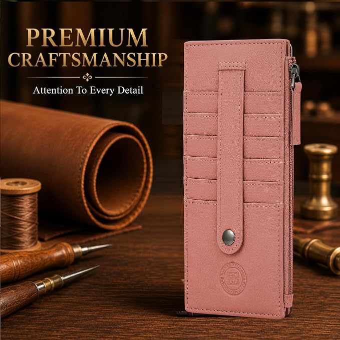 Leatherboss Genuine Leather All in One Card Case Holder Slim Wallet With a Card Protection Strap, Peach