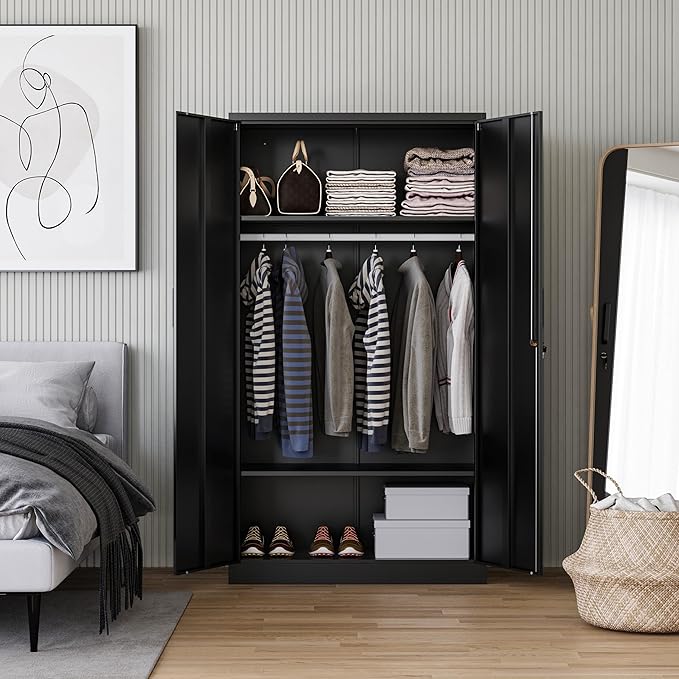 Letaya Metal Wardrobe Cabinets with Lock,Clothing Locker 72" X 36" X 18" Storage Cabinets for Home Room,Fire Department, School, Employee,Gym,Government (Black)