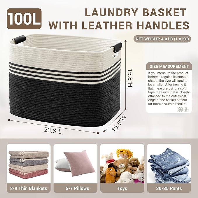 100L Large Woven Laundry Basket Hamper with Leather Handles,Black | 24"x16"x16", collapsible wicker hamper, storage for dirty clothes, toys, blankets, gifts, living room, bedroom, bathroom