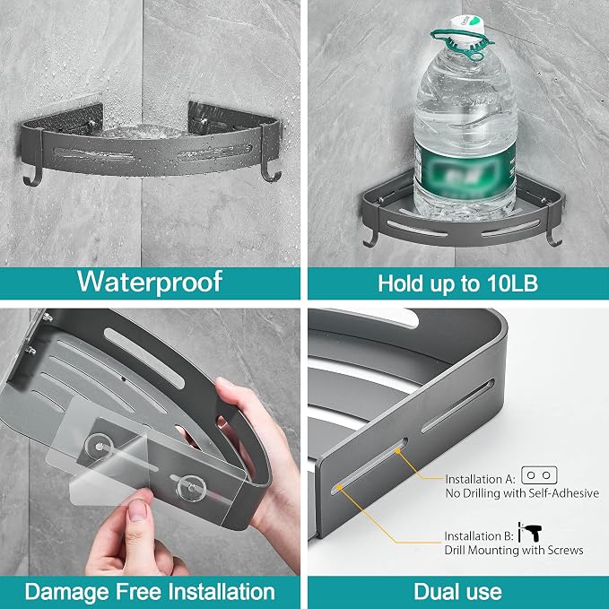 2-Tier Corner Shower Shelf, Dark Grey | No Drilling Bathroom Shelves Shower Caddies Adhesive Bath Corner Shelf Wall Mounted Bathroom Shower Caddy Organizer