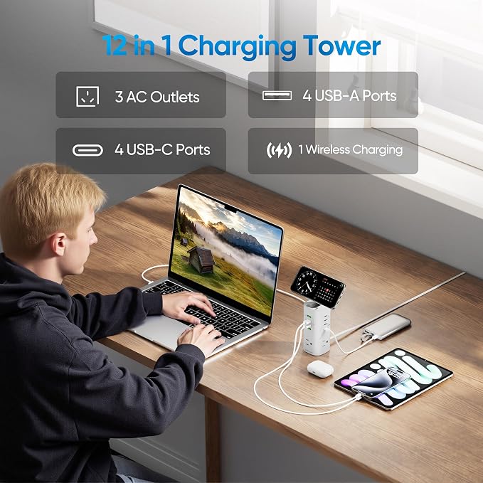 160W Fast Charging Station, TenTrend Power Strip Tower, 5FT Extension Cord | Charging Tower with 3AC Outlets & 8 USB Ports(4 USB-C), Foldable 15W Charging, Dorm, Office Desk Supplies