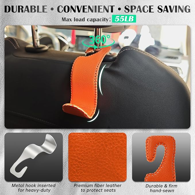 Amooca Car Seat Headrest Hook Universal Vehicle Storage Hanger Leather with Metal Car Seat Back Organizer for Handbag Purse Coat Orange 4 Pack