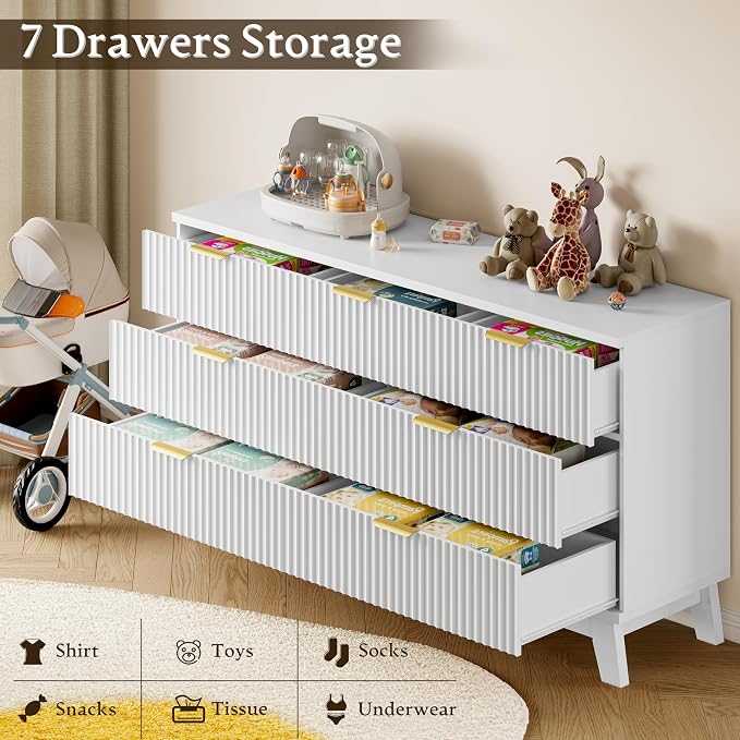 BORNOON Fluted 7 Drawer Dresser, 47.2" Wide Modern Boho Chest of Drawers, Wooden Storage Dresser TV Stand for Bedroom, Living Room, Closet, Hallway, Curved Profile Design
