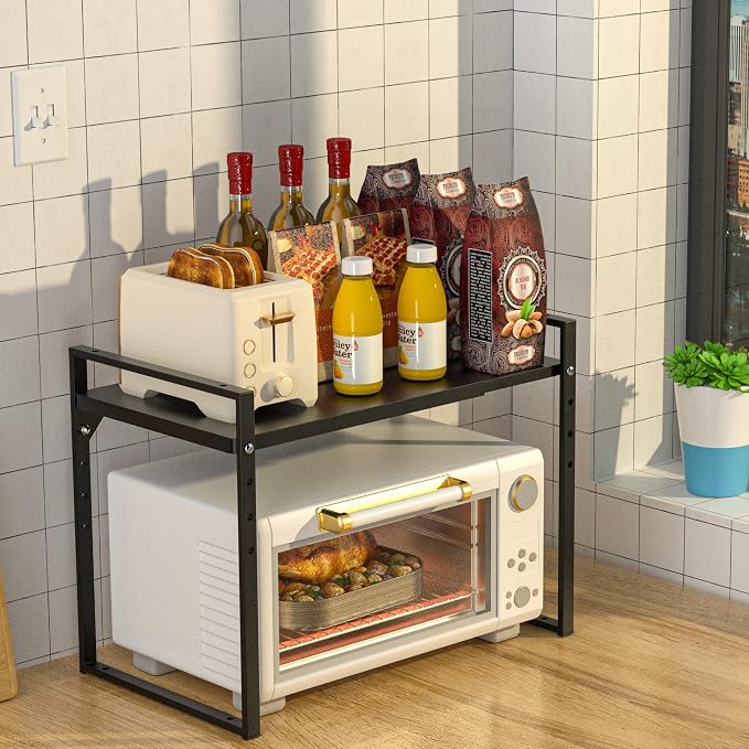 iPEGTOP Extendable Microwave Oven Rack, Adjustable Height Microwave/Toaster Shelf Heavy Duty Metal Pantry Shelf Space Riser Stand Organizer,Black