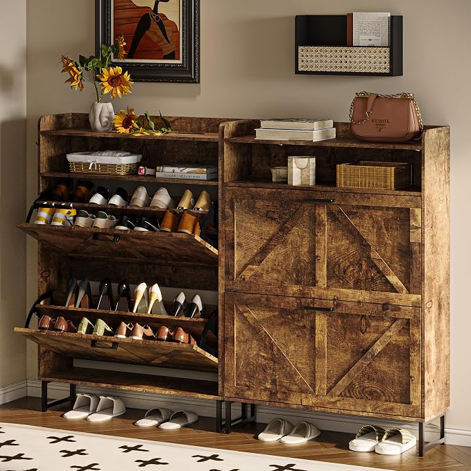 Wodeer Shoe Storage Cabinet with 2 Flip Drawers, Narrow Wood Shoe Cabinet Storage for Entryway with Metal Legs & Hooks, Adjustable Shelves, Freestanding Shoe Rack Organizer for Foyer, Hallway, Brown