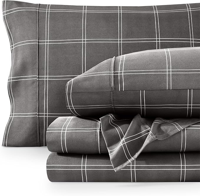 Bare Home Full Sheet Set - Luxury 1800 Ultra- Soft Double Brushed Microfiber - Deep Pockets - Easy Fit - 4 Piece Bedding Sheet Set (Full, Modern Plaid - Grey/White)