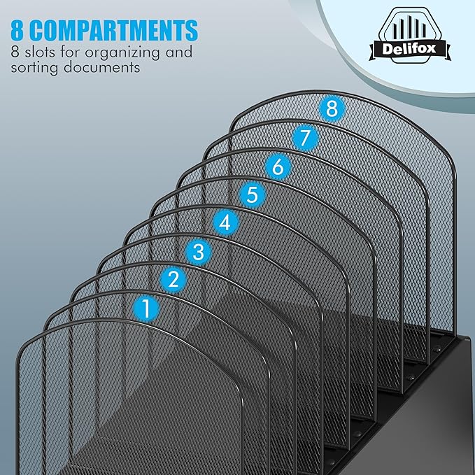 Inclined Desk File Organizer, 8-Section Upright Desk Organizer Standing File Sorter for Office Classroom Desktop Organization