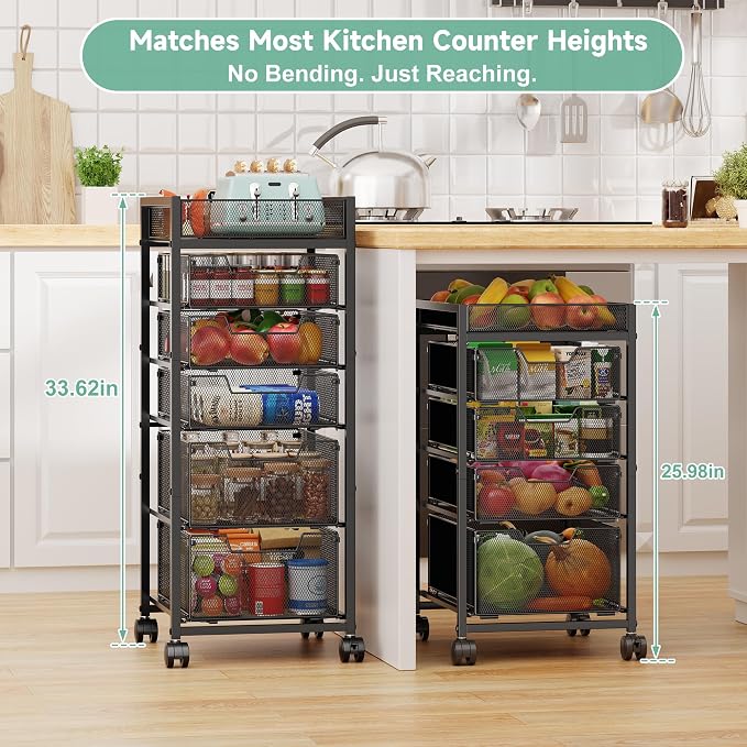 6-Tier Rolling Cart with 5 Drawers & Top Basket, Snack Cart with Wheels | Metal Utility Storage Cart - Fruit Vegetable Rack on Wheels, Kitchen Organization for Cans, Spices, Craft, Art, Beauty