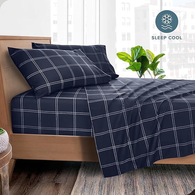 Bare Home King Sheet Set - Luxury 1800 Ultra- Soft Double Brushed Microfiber - Deep Pockets - Easy Fit - 4 Piece Bedding Sheet Set (King, Modern Plaid - Midnight/White)