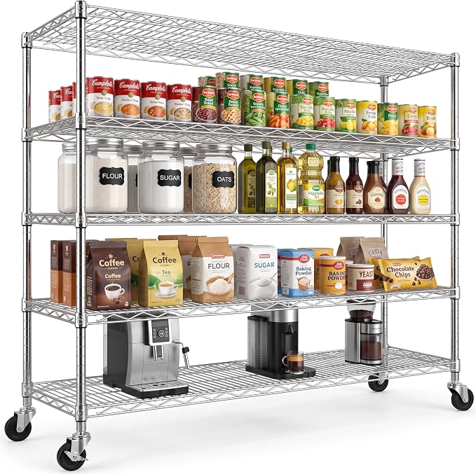 48" W x 24" D x 81" H Storage Shelves Heavy Duty with Wheels 5 Tier Adjustable Wire Garage Shelving Rolling Metal Organizer Shelf Utility Rack for Commercial Warehouse,Kitchen Chrome